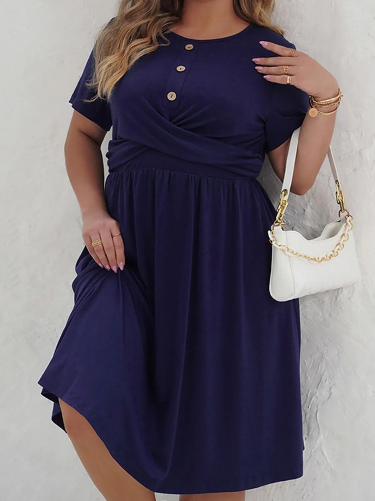 Hot Retro Stage [Plus Size] 1950s Solid Front Cross Dress Deep Blue