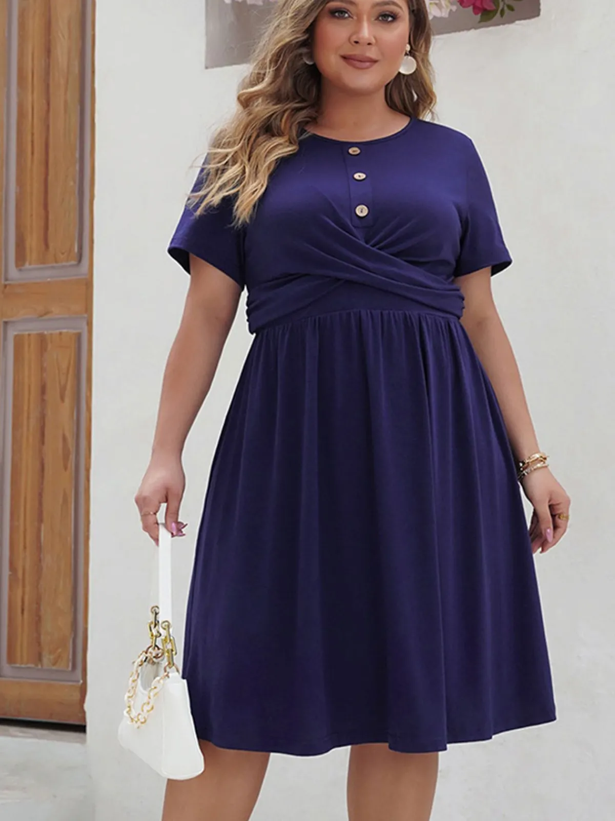 Hot Retro Stage [Plus Size] 1950s Solid Front Cross Dress Deep Blue