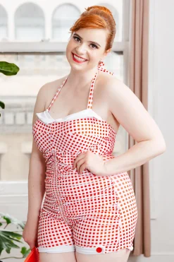 Clearance Retro Stage [Plus Size] Gingham 1950s Halter Bowknot One-piece Swimsuit Red