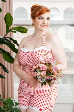 Clearance Retro Stage [Plus Size] Gingham 1950s Halter Bowknot One-piece Swimsuit Red