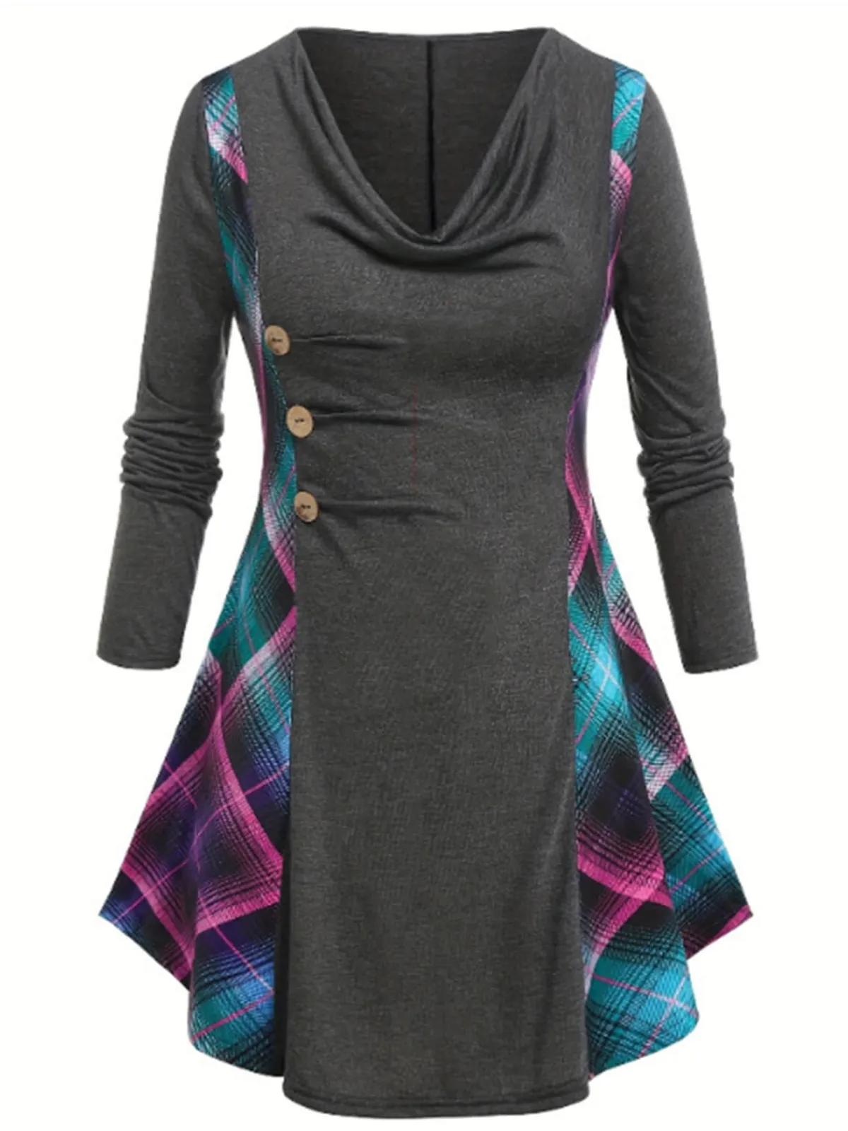 Discount Retro Stage [Plus Size] 1940s Plaid Patchwork Tunic Top Gray