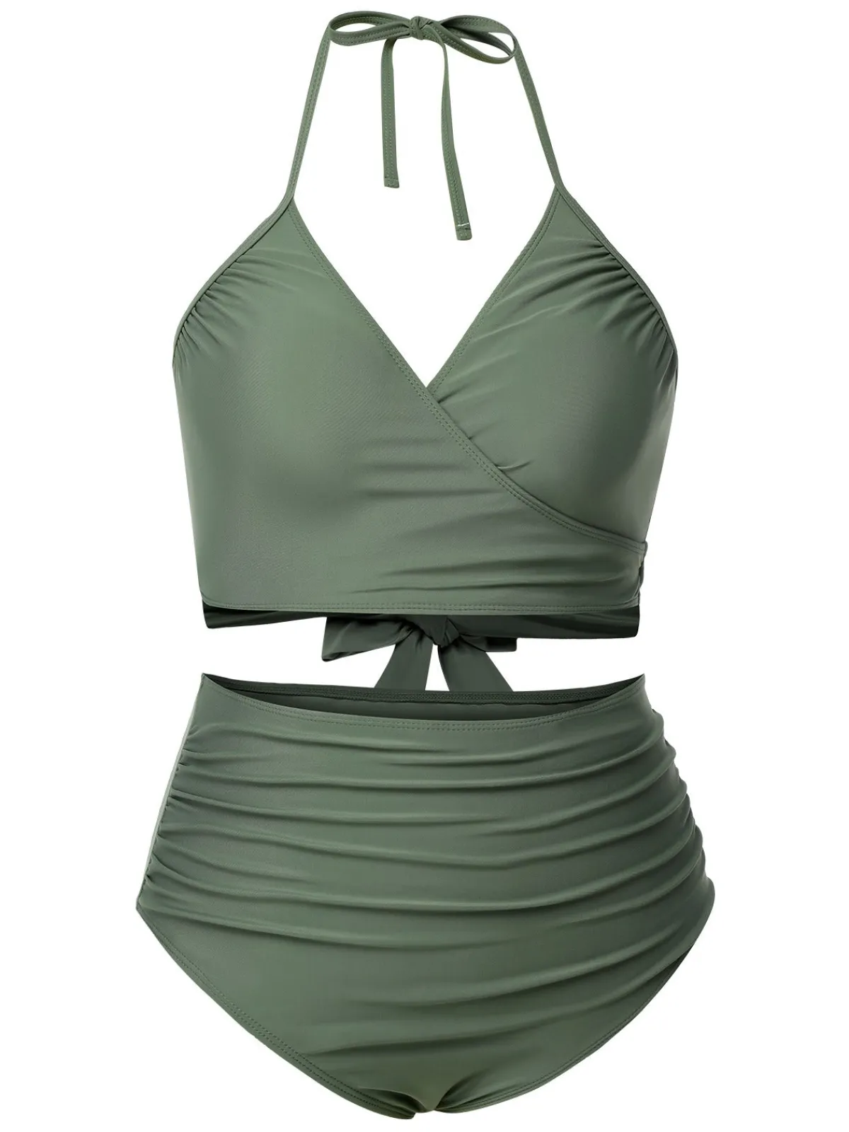 New Retro Stage [Plus Size] 1930s Halter Strappy Tankini Swimsuit Green Grey
