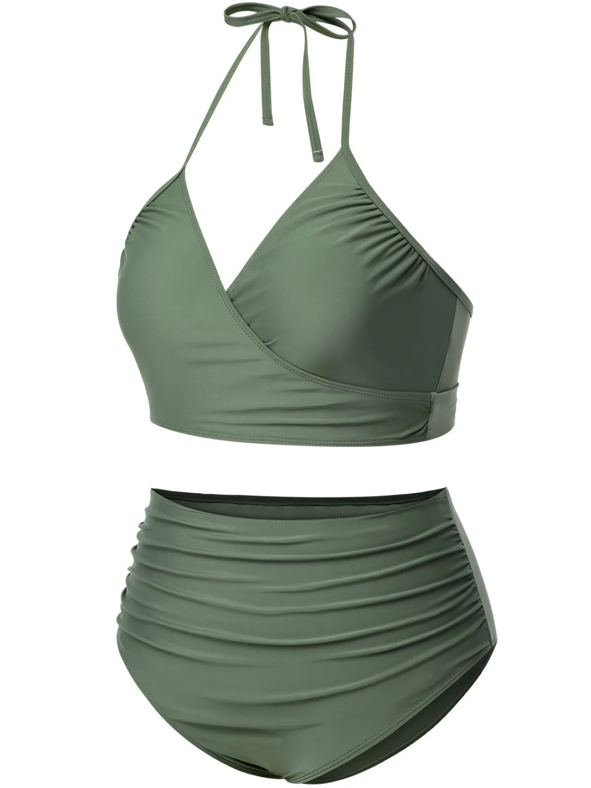 New Retro Stage [Plus Size] 1930s Halter Strappy Tankini Swimsuit Green Grey