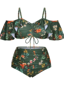 Sale Retro Stage [Plus Size] 1950s Floral Drawstring Swimsuit Set Green