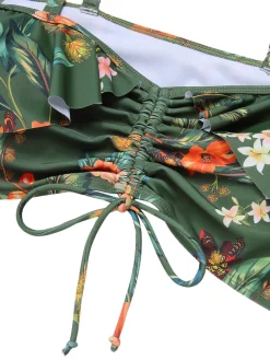 Sale Retro Stage [Plus Size] 1950s Floral Drawstring Swimsuit Set Green