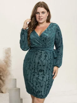 Clearance Retro Stage [Plus Size] Green 1960s Floral Jacquard Pencil Dress Blue Green
