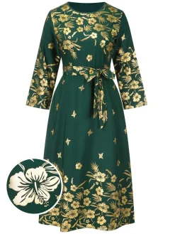 Hot Retro Stage [Plus Size] 1940s Gilded Floral Belted Dress Green
