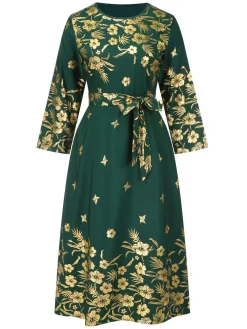 Hot Retro Stage [Plus Size] 1940s Gilded Floral Belted Dress Green