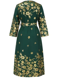Hot Retro Stage [Plus Size] 1940s Gilded Floral Belted Dress Green