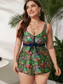 Outlet Retro Stage [Plus Size] 1960s Hippie Prints Bow Tankini Green
