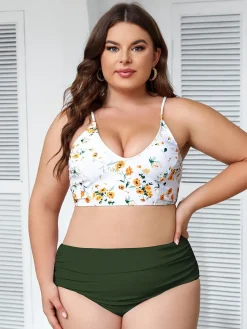 Hot Retro Stage [Plus Size] 1950s Lace-Up Floral Bikini Set Green