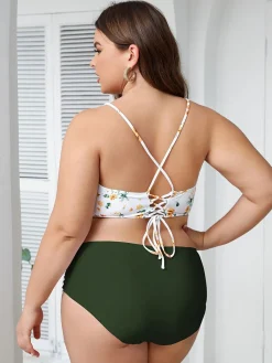 Hot Retro Stage [Plus Size] 1950s Lace-Up Floral Bikini Set Green