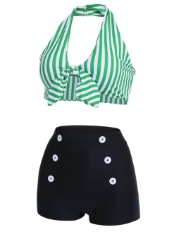 New Retro Stage [Plus Size] 1950s Retro Halter Stripes Bikini Set Green