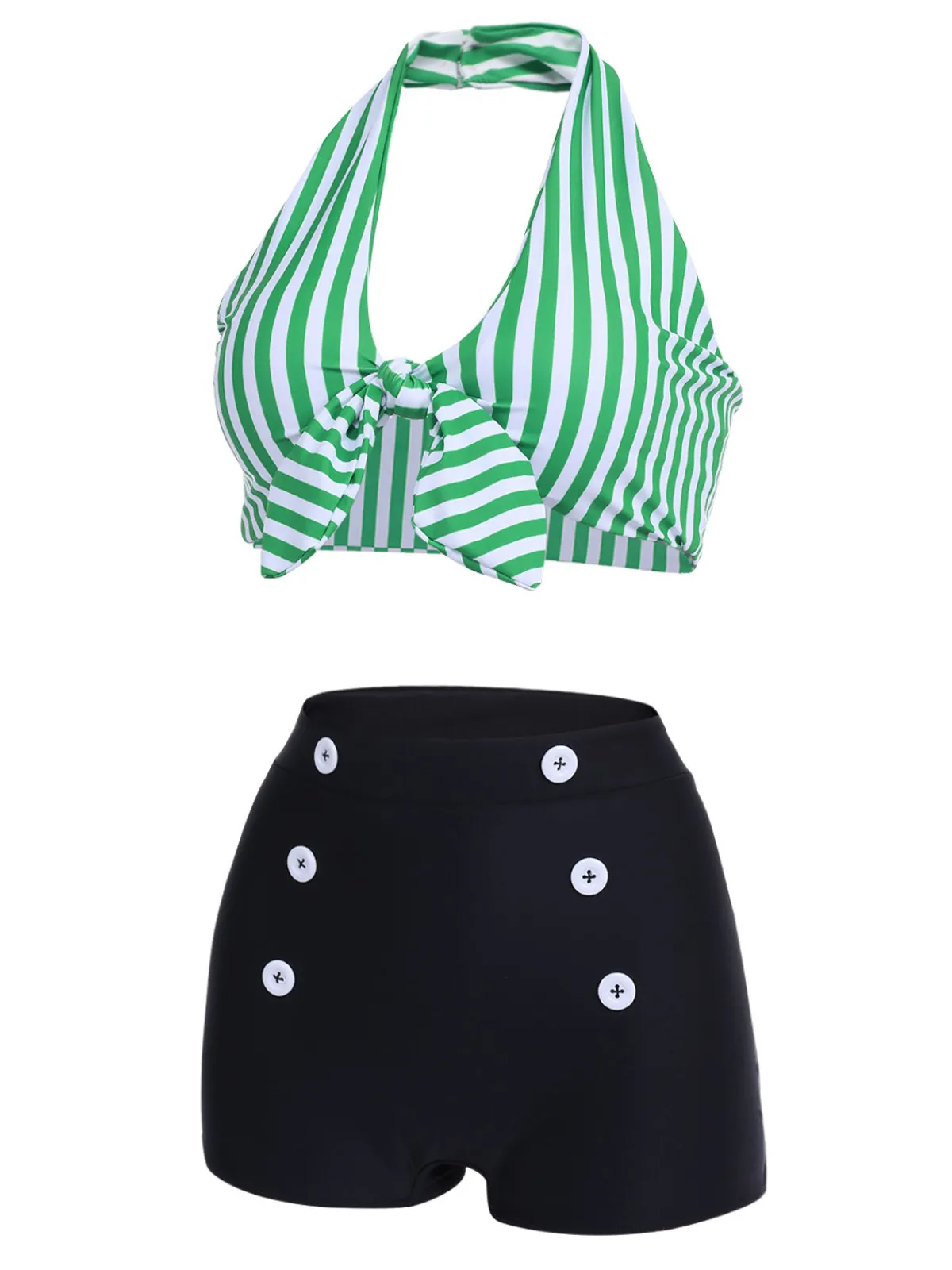 New Retro Stage [Plus Size] 1950s Retro Halter Stripes Bikini Set Green