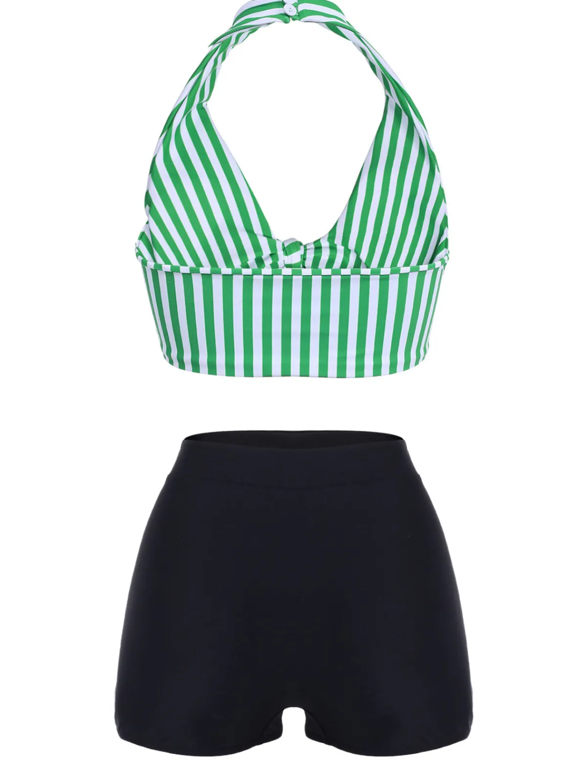 New Retro Stage [Plus Size] 1950s Retro Halter Stripes Bikini Set Green