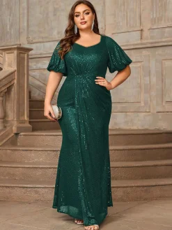 Clearance Retro Stage [Plus Size] 1930s Sequins Puff Sleeves Long Dress Green