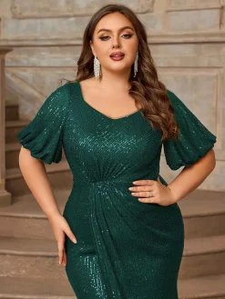Clearance Retro Stage [Plus Size] 1930s Sequins Puff Sleeves Long Dress Green