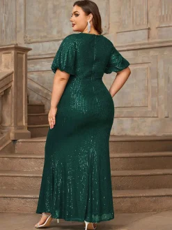 Clearance Retro Stage [Plus Size] 1930s Sequins Puff Sleeves Long Dress Green