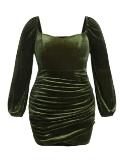 Discount Retro Stage [Plus Size] 1960s Solid Sweetheart Wrap Dress Green