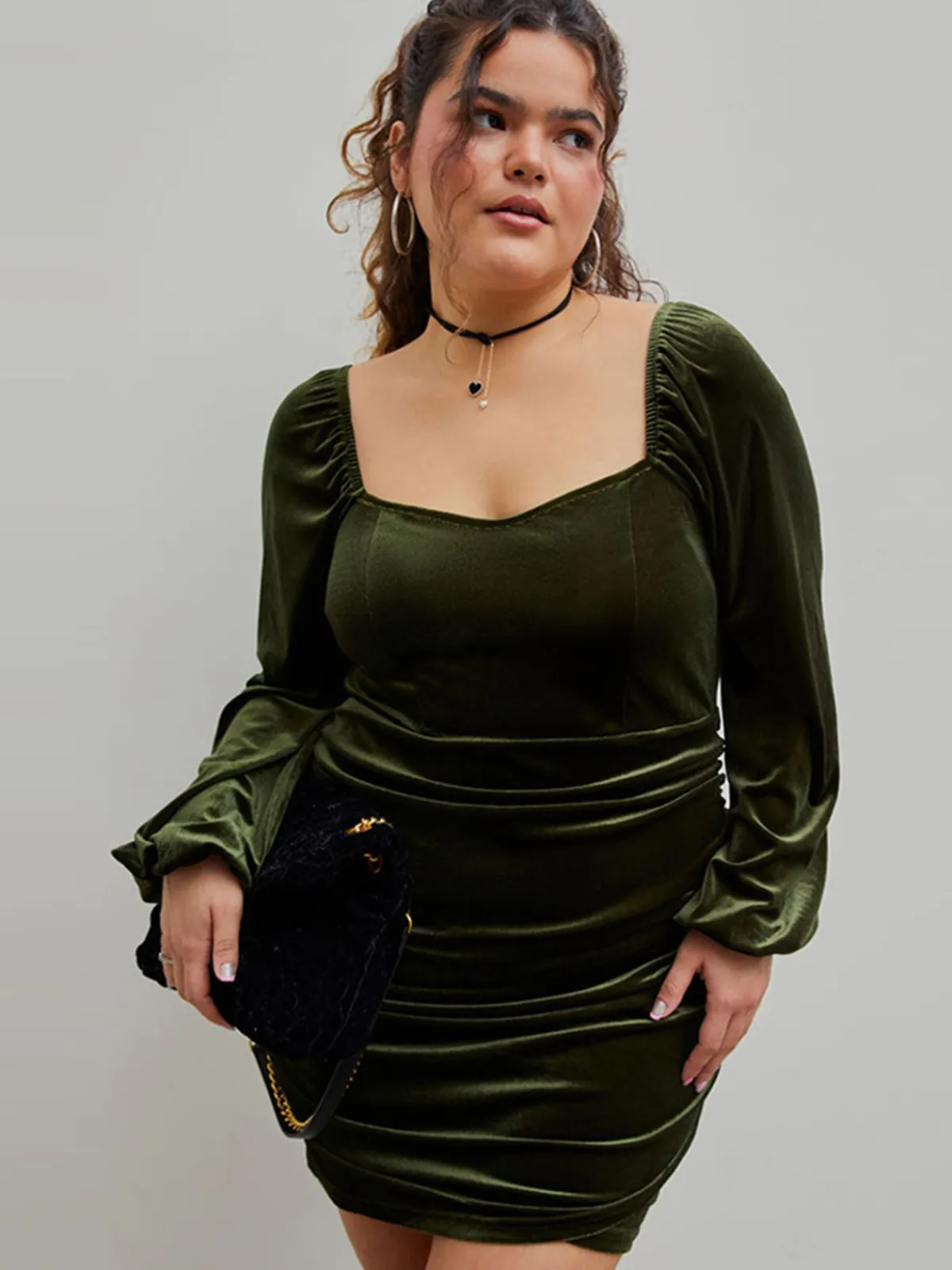 Discount Retro Stage [Plus Size] 1960s Solid Sweetheart Wrap Dress Green