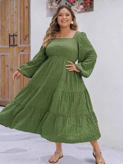 Discount Retro Stage [Plus Size] 1950s Square Neck Solid Dress Green