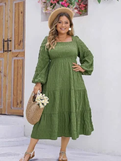 Discount Retro Stage [Plus Size] 1950s Square Neck Solid Dress Green