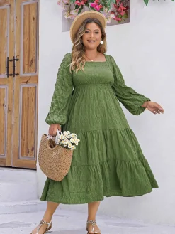 Discount Retro Stage [Plus Size] 1950s Square Neck Solid Dress Green