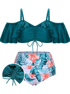 Fashion Retro Stage [Plus Size] Green 1950s Strap Floral Ruffles Swimsuit Ceramic Green
