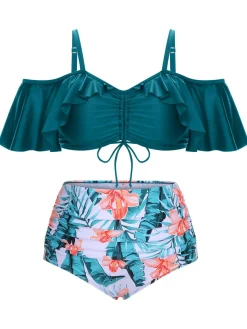 Fashion Retro Stage [Plus Size] Green 1950s Strap Floral Ruffles Swimsuit Ceramic Green