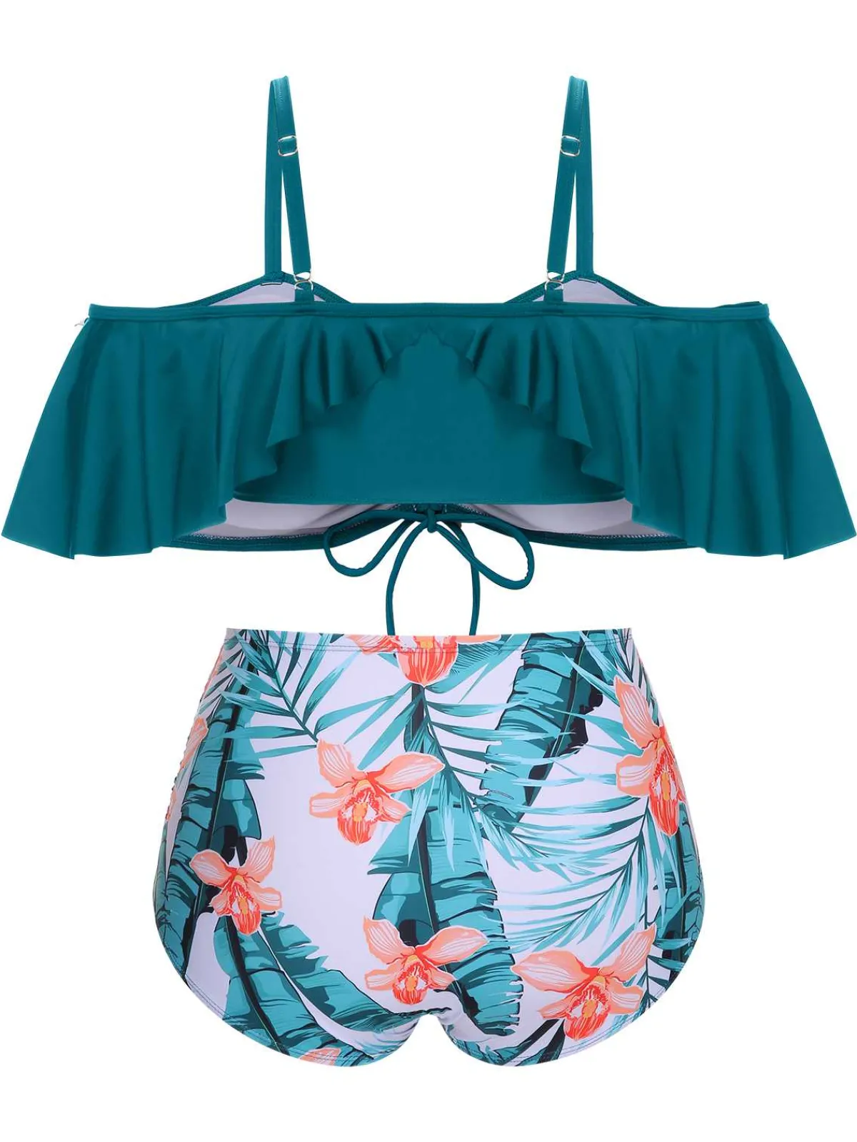 Fashion Retro Stage [Plus Size] Green 1950s Strap Floral Ruffles Swimsuit Ceramic Green