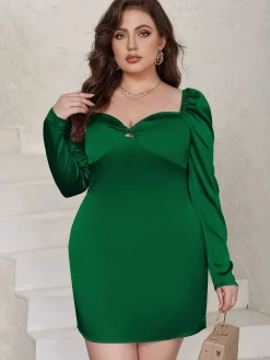 Best Retro Stage [Plus Size] 1960s Sweetheart Neck Solid Wrap Dress Green