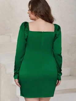 Best Retro Stage [Plus Size] 1960s Sweetheart Neck Solid Wrap Dress Green