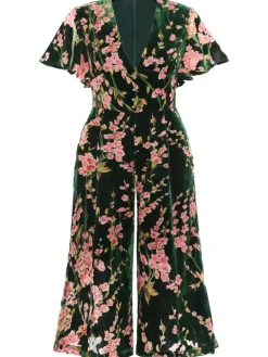 New Retro Stage [Plus Size] 1930s Velvet Vintage Jumpsuit Green