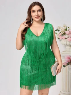 Sale Retro Stage [Plus Size] 1920s V-Neck Tassels Flapper Dress Green
