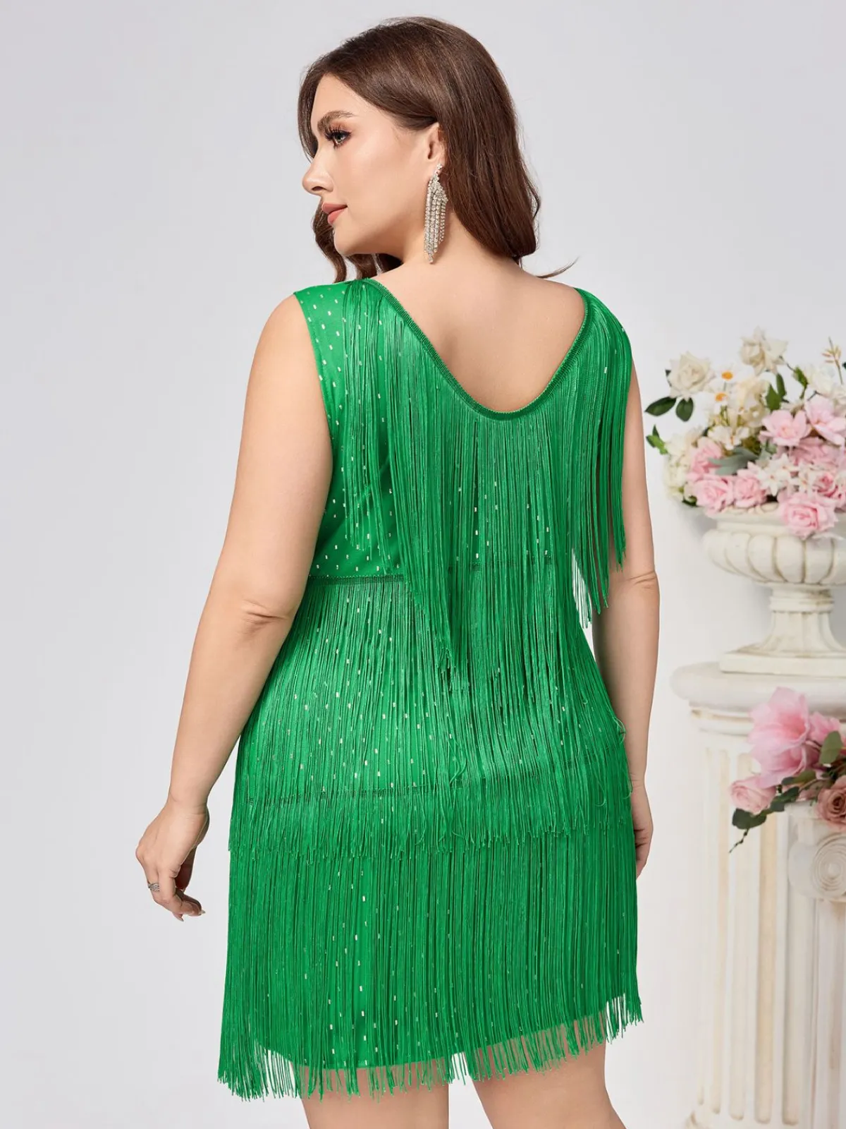 Sale Retro Stage [Plus Size] 1920s V-Neck Tassels Flapper Dress Green