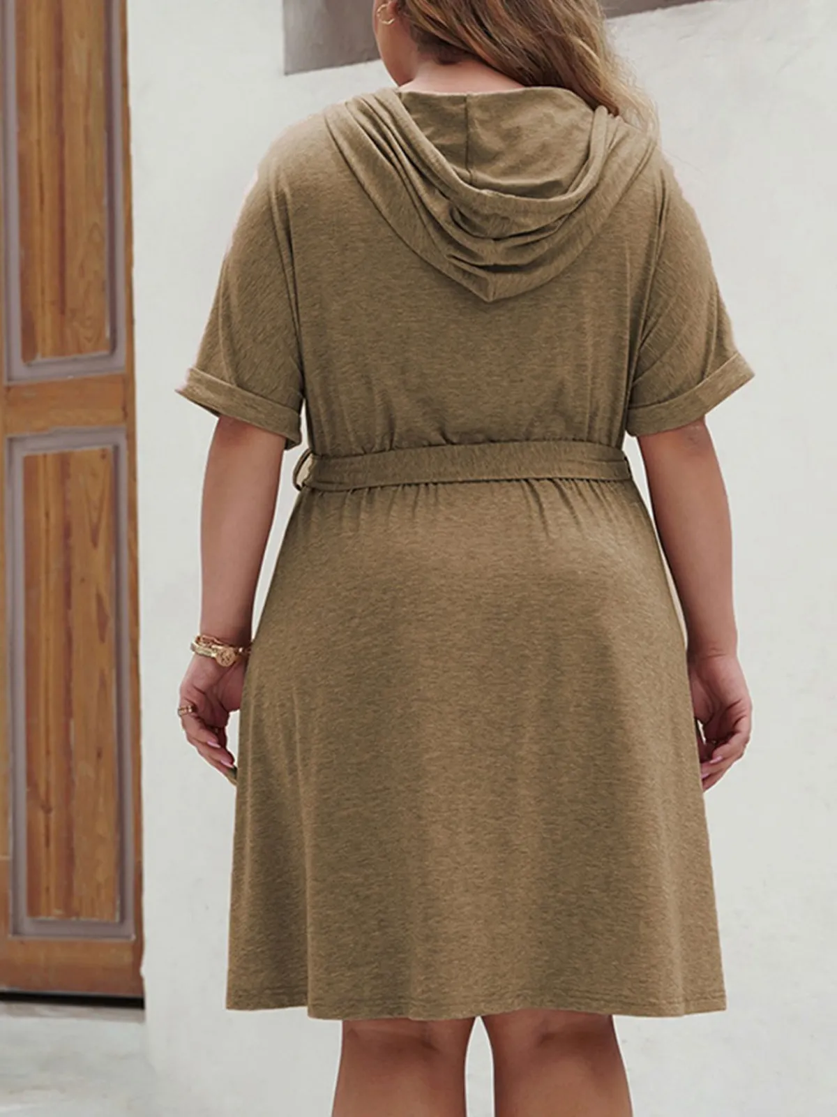 Clearance Retro Stage [Plus Size] 1950s Solid Hooded Belt Dress Khaki