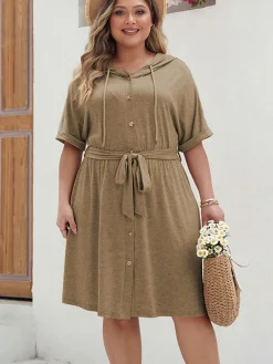 Clearance Retro Stage [Plus Size] 1950s Solid Hooded Belt Dress Khaki