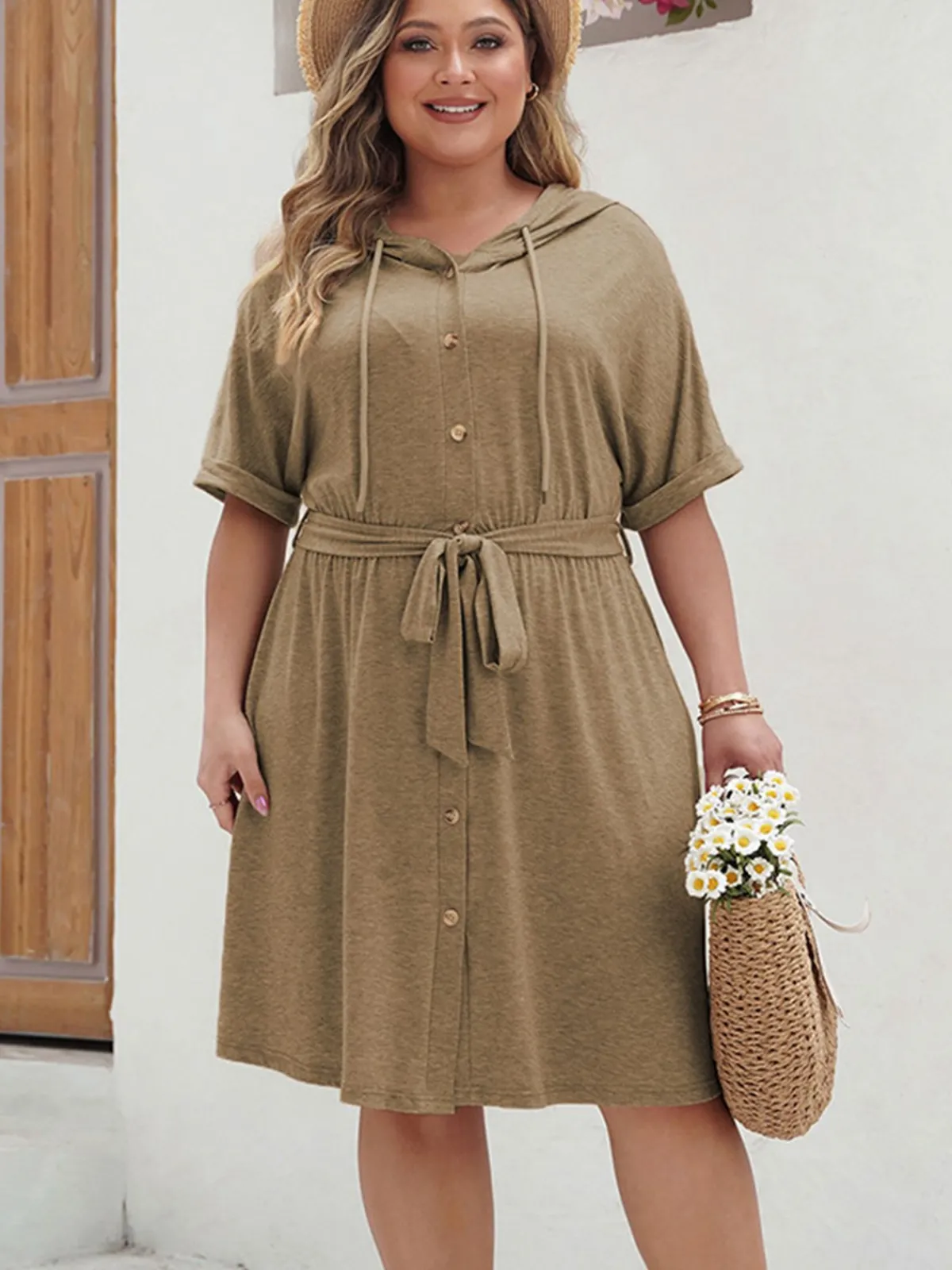 Clearance Retro Stage [Plus Size] 1950s Solid Hooded Belt Dress Khaki
