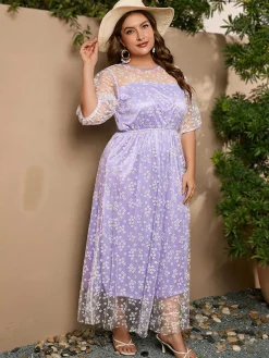 Hot Retro Stage [Plus Size] 1950s Mesh Flower Embroidered Dress Lavender