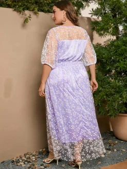 Hot Retro Stage [Plus Size] 1950s Mesh Flower Embroidered Dress Lavender