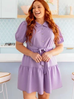 Hot Retro Stage [Plus Size] 1950s Puff Sleeve Shirt Dress Lavender