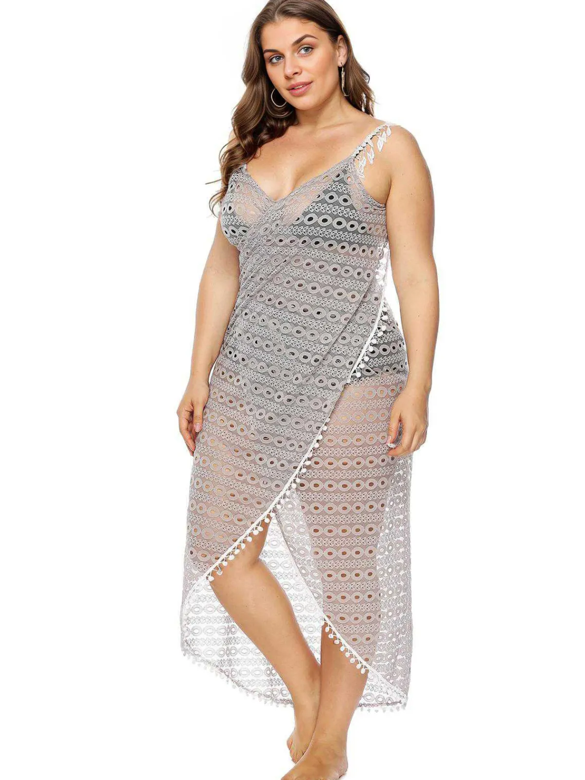 Outlet Retro Stage [Plus Size] Light Gray 1960s Hollow Fringe Cover-Up