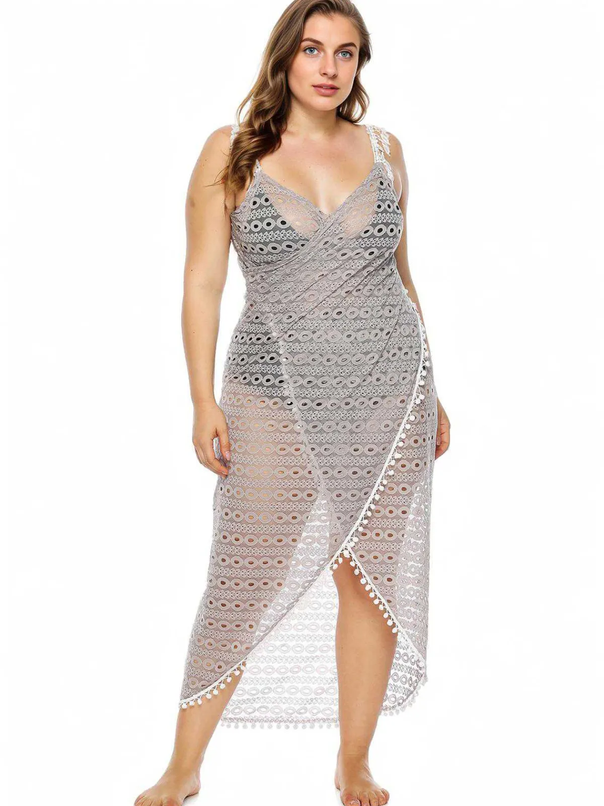Outlet Retro Stage [Plus Size] Light Gray 1960s Hollow Fringe Cover-Up