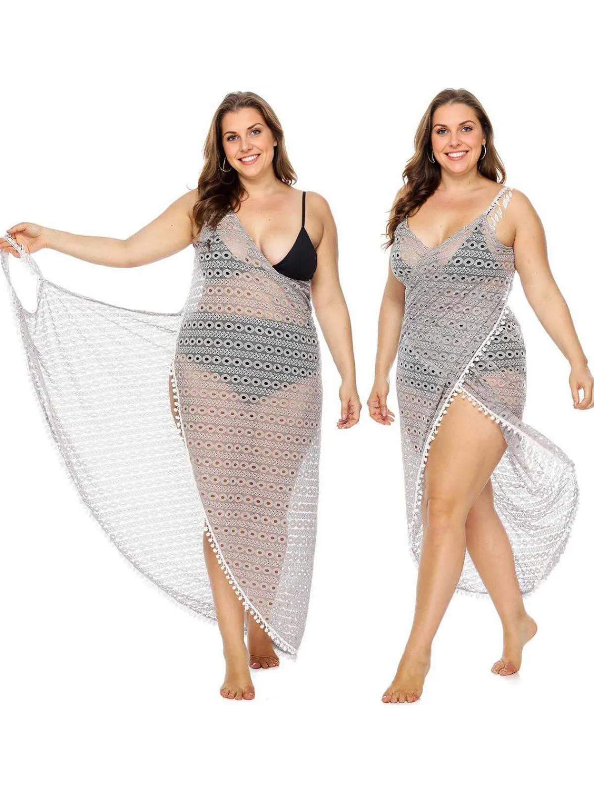 Outlet Retro Stage [Plus Size] Light Gray 1960s Hollow Fringe Cover-Up