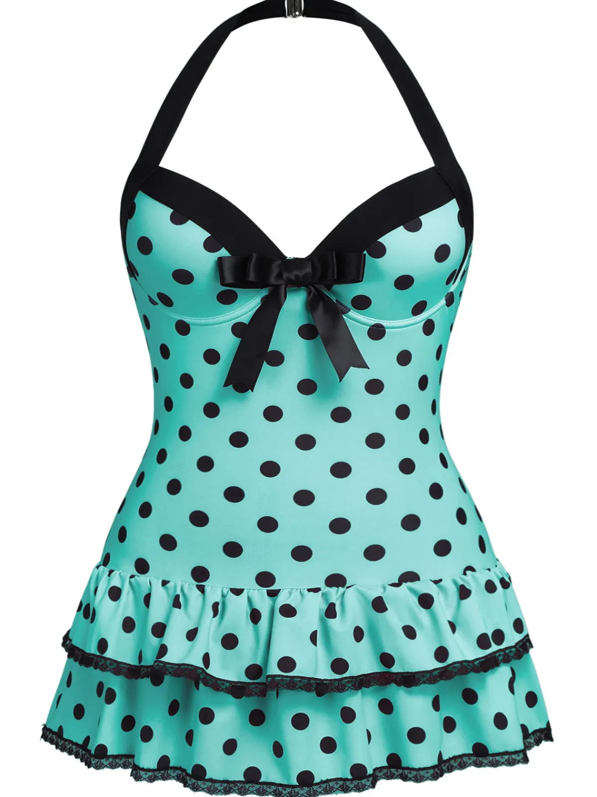 Outlet Retro Stage [Plus Size] Light Green 1940s Polka Dots Hater Swimsuit