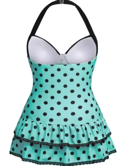 Outlet Retro Stage [Plus Size] Light Green 1940s Polka Dots Hater Swimsuit