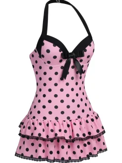 Outlet Retro Stage [Plus Size] Light Green 1940s Polka Dots Hater Swimsuit