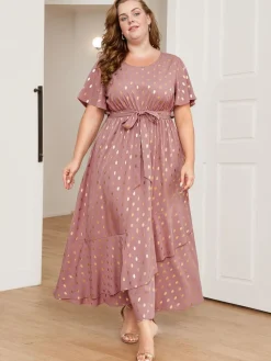 Fashion Retro Stage [Plus Size] Lotus Pink 1930s Bronzing Polka Dot Waist Dress Dark Pink