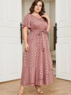 Fashion Retro Stage [Plus Size] Lotus Pink 1930s Bronzing Polka Dot Waist Dress Dark Pink