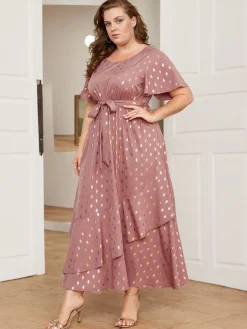 Fashion Retro Stage [Plus Size] Lotus Pink 1930s Bronzing Polka Dot Waist Dress Dark Pink